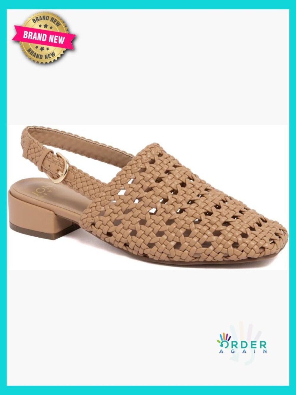 Woven Slingback Sandals Square Toe Low Block Heel Flats Adjustable Buckle Strap